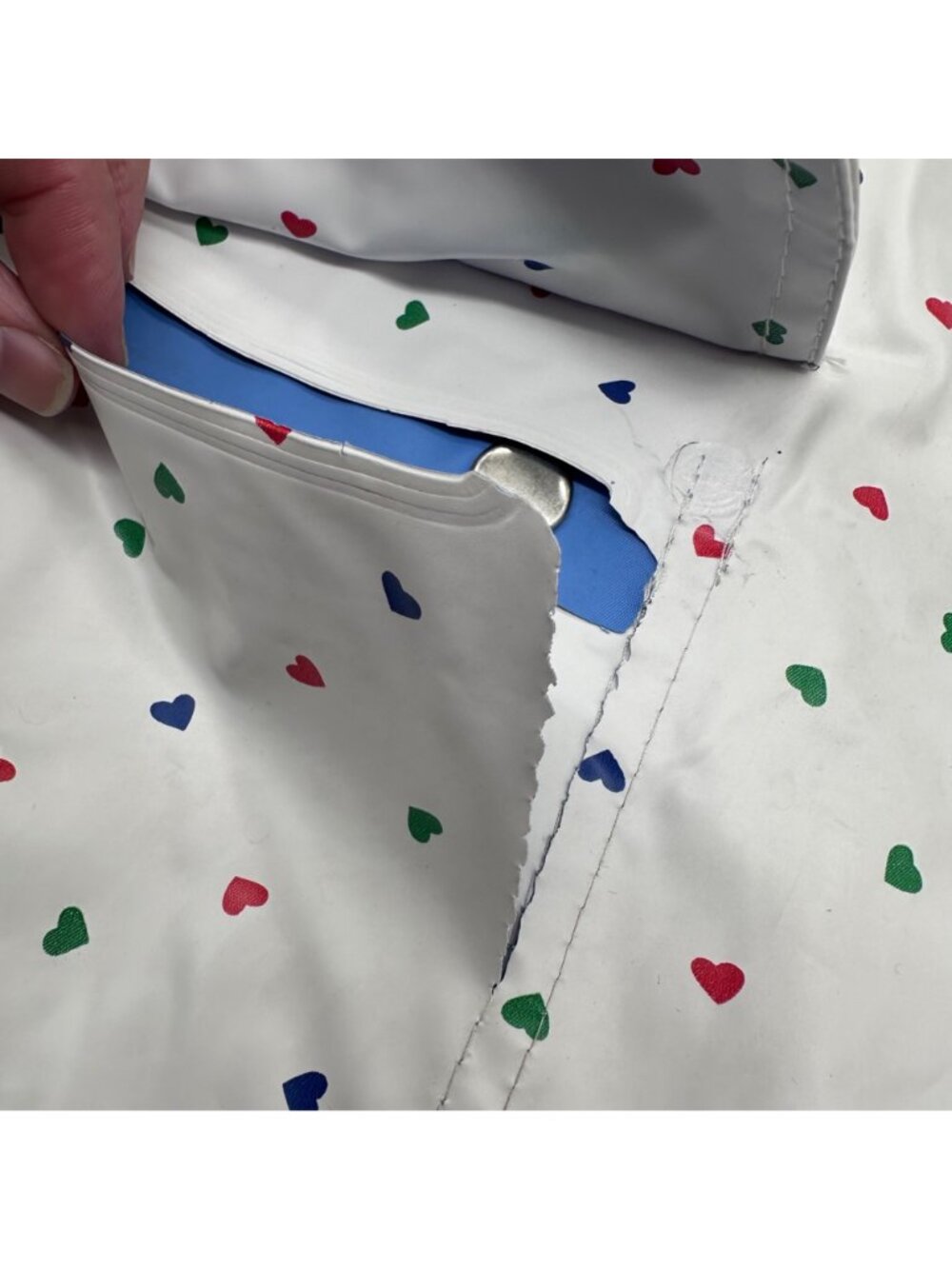 Vintage Girls Reversible Hooded Raincoat Jacket White Heart Blue 80s Size Large - Picture 6 of 13